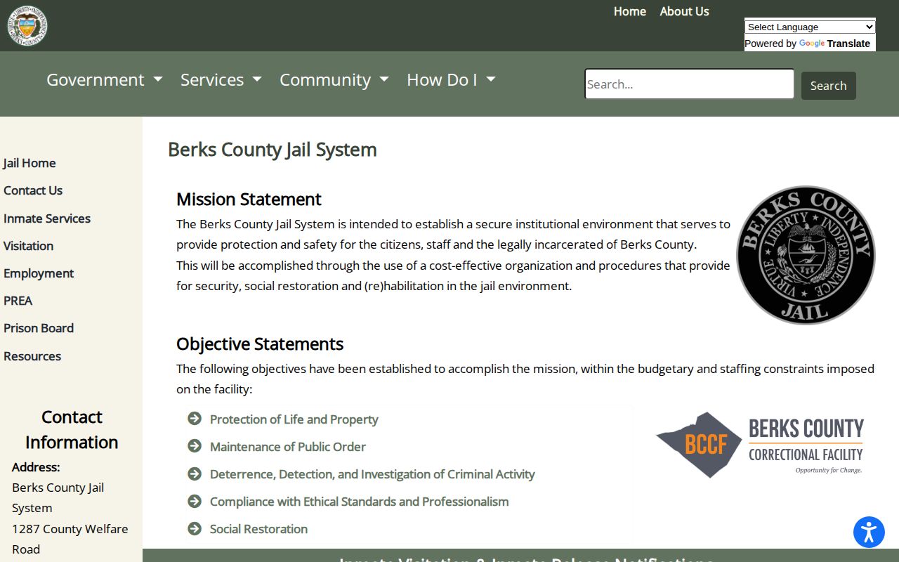 Berks County Jail System current custody record page